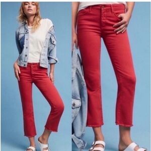 Pilcro and the Letterpress Script Red Denim Straight Leg Cropped Raw Hem Jeans